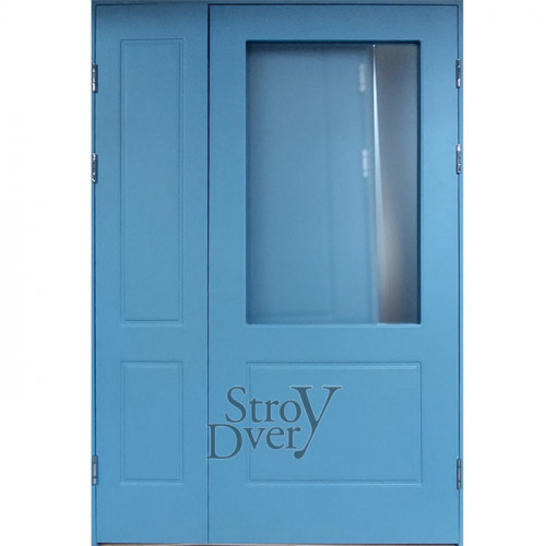 Дверь тамбурная голубая с армированным стеклом, МДФ 6 мм